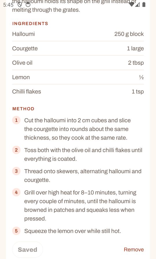 A recipe expanded to its ingredient list with quantities and a numbered method.