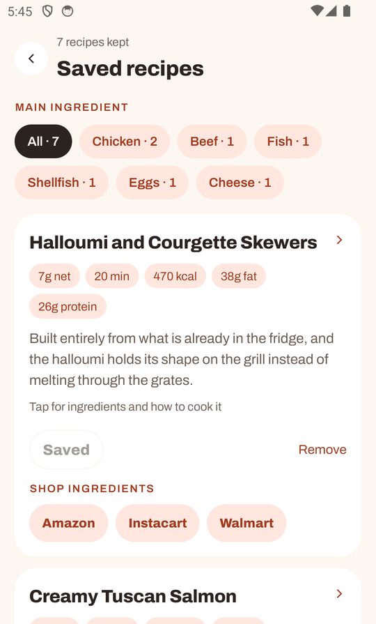 Saved recipes filtered by main ingredient, each card showing net carbs, time, calories, fat and protein.